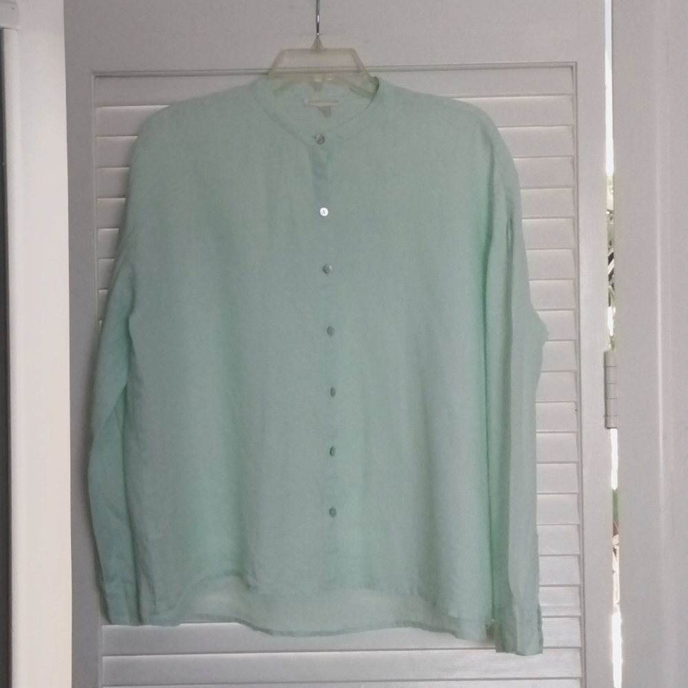Eileen Fisher light mint linen blouse size xs some tiny spots shown in the pix.